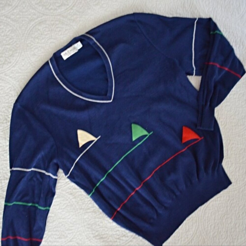 Vintage Navy Blue V-neck Sailboat St. Croix Pullover Americana Sweater Size S-M